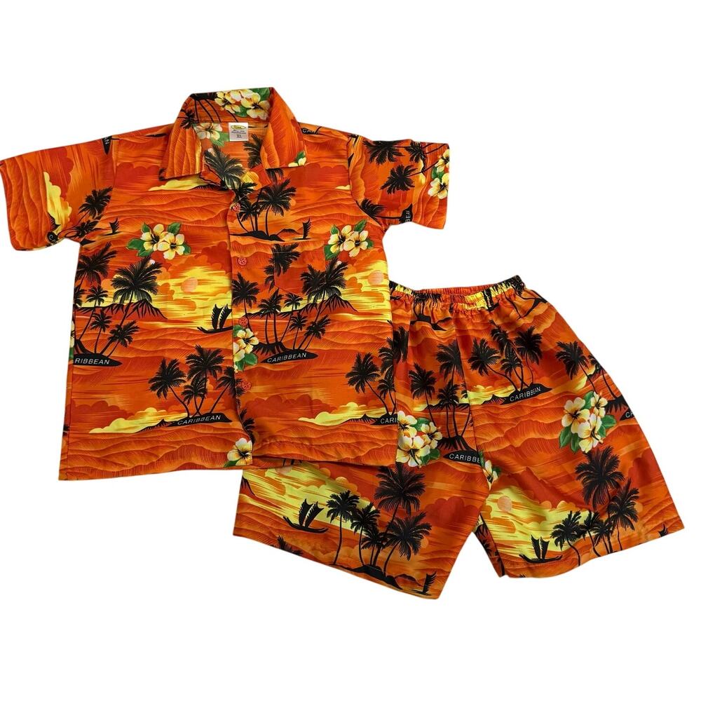 Tropical Caribbean Island Outfit Orange Beach Print Palm Tree Boys Kids XL 6 7 8